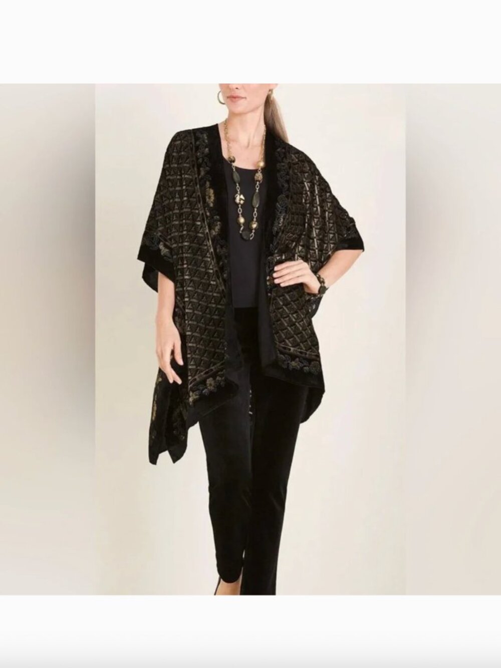 Chico's Burnout Velour Geo Floral Border Ruana Wrap Poncho Shall